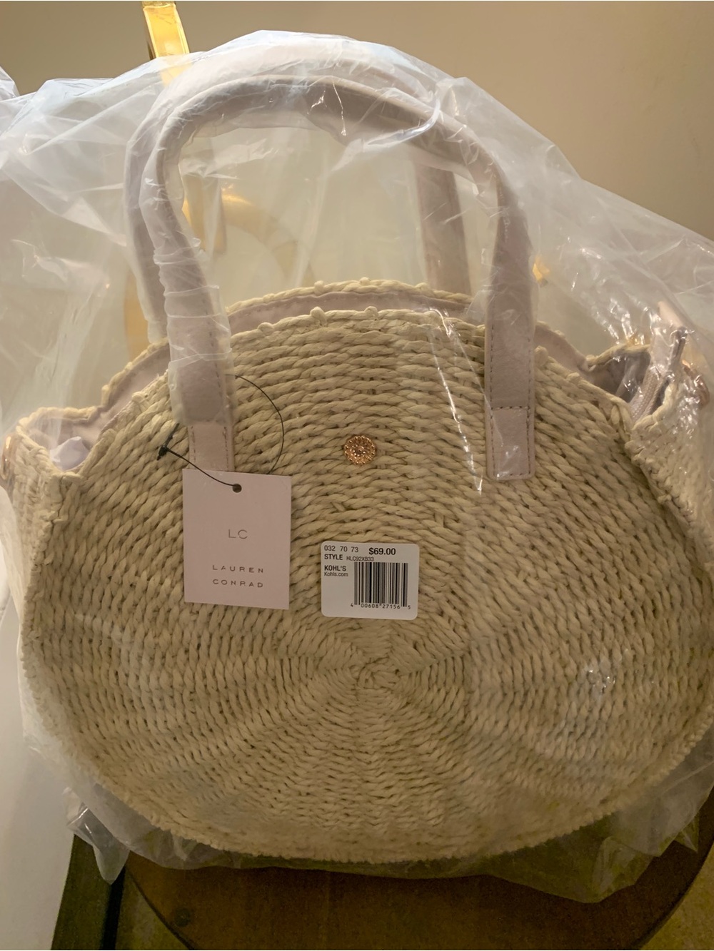 LC Lauren Conrad Cream Large Round Woven Tote with Handles and Strap